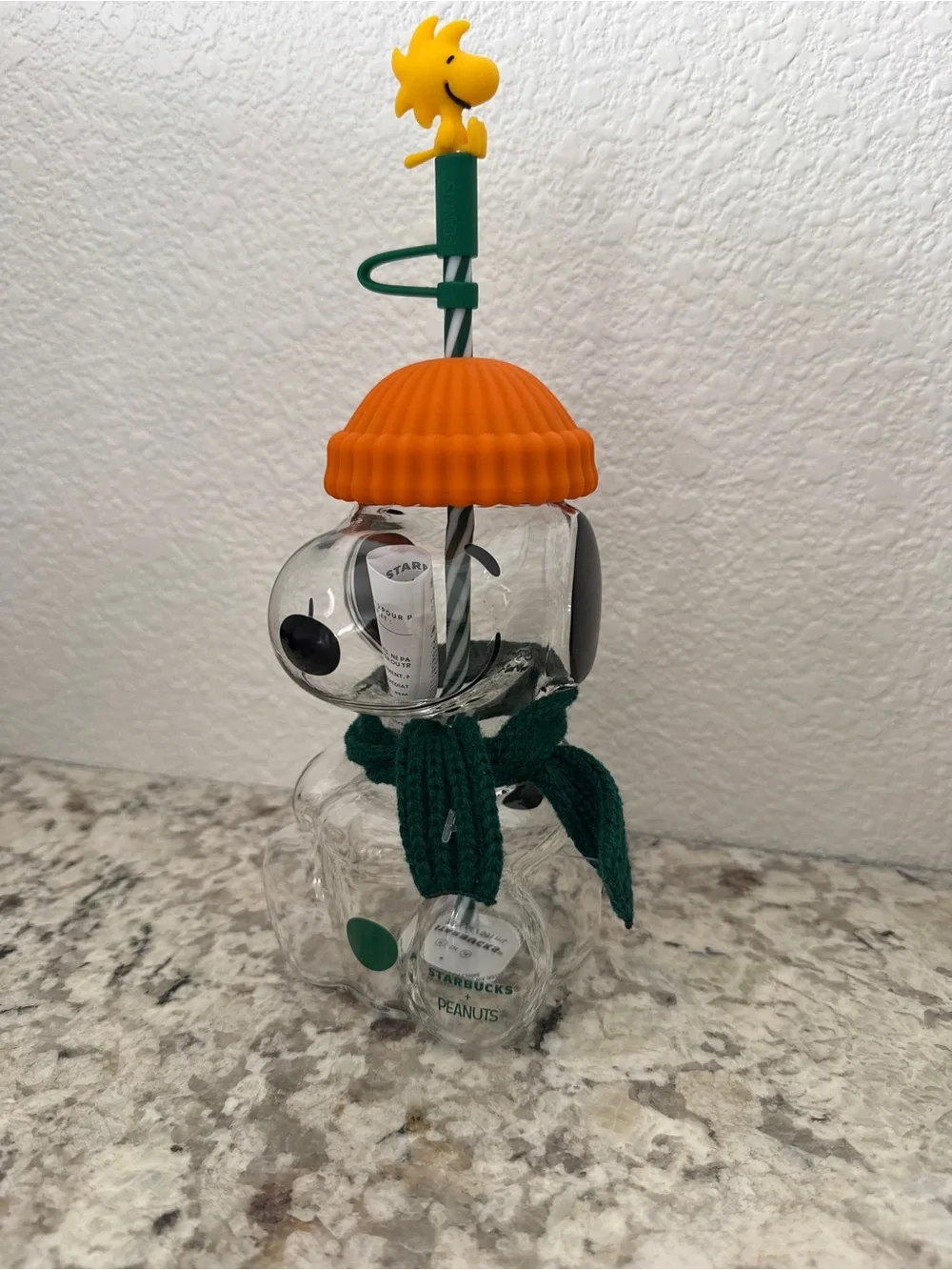 Starbucks Glass Snoopy Vase with Orange Hat and Green Scarf